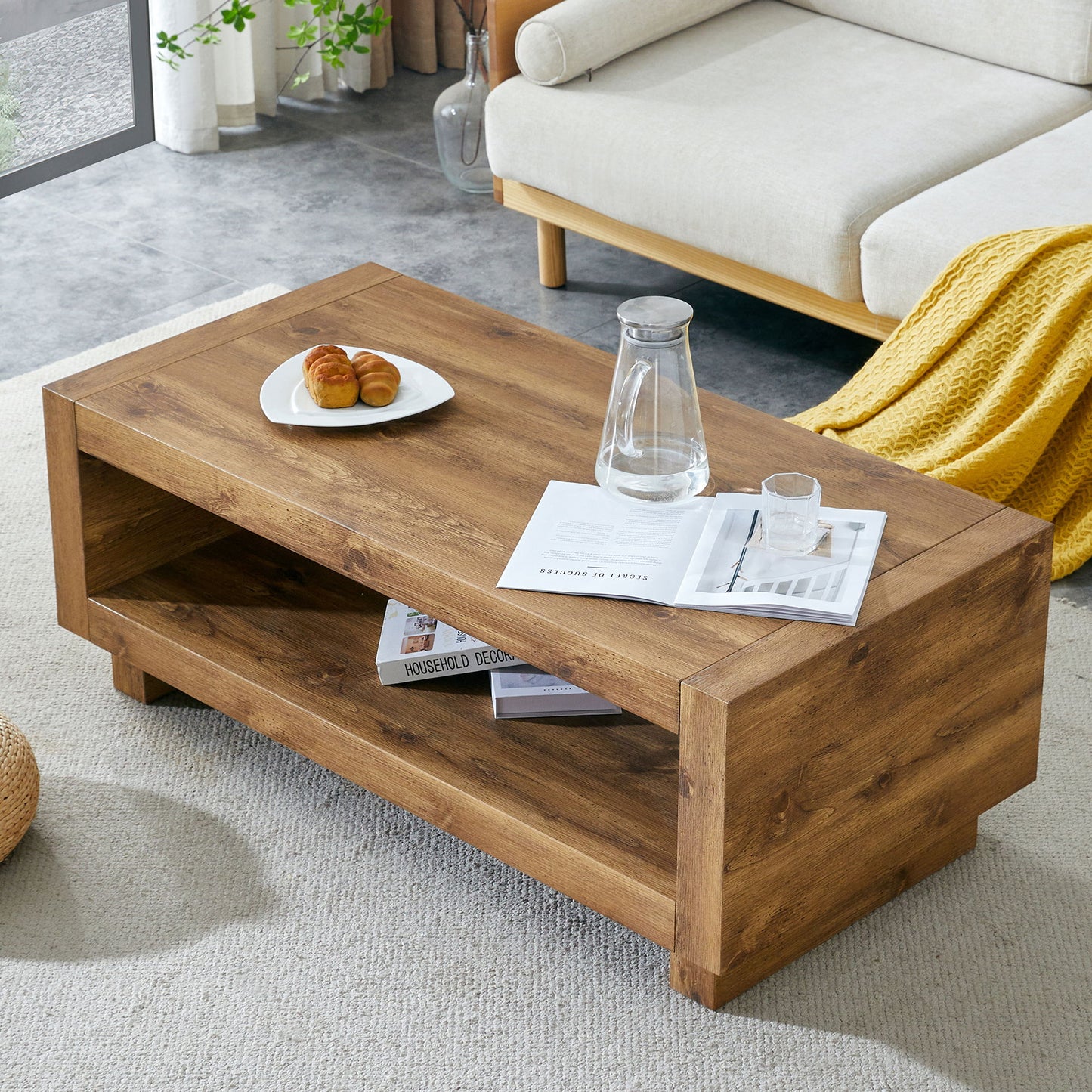 Modern Minimalist Rectangular Coffee Table Measuring Embodies The Simple Charm Of Mid Century Aesthetics, Adding A Touch Of Elegance To Your Living Room - Natural Wood