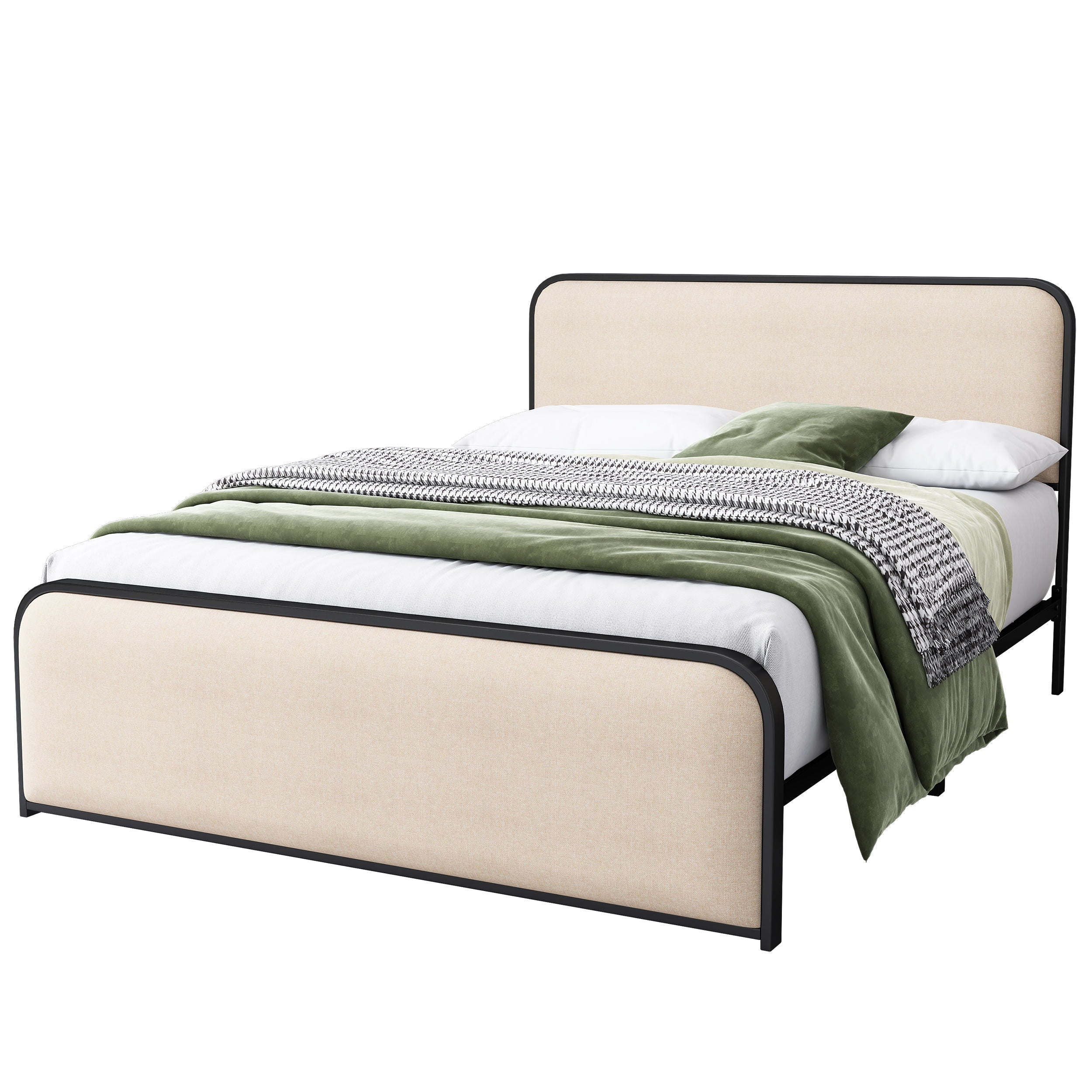 Modern Metal Bed Frame With Curved Upholstered Headboard And Footboard Bed With Under Bed Storage, Heavy Duty Metal Slats, King Size - Beige
