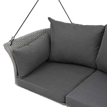 2 Person Hanging Seat, Rattan Woven Swing Chair, Porch Swing With Ropes - Gray / Cushion