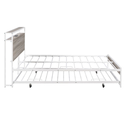 Full Size Platform Bed Frame With Trundle, USB Ports And Slat Support, No Box Spring Needed - White
