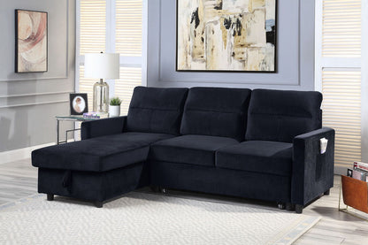 Ivy - Velvet Reversible Sleeper Sectional Sofa With Storage Chaise And Side Pocket - Black
