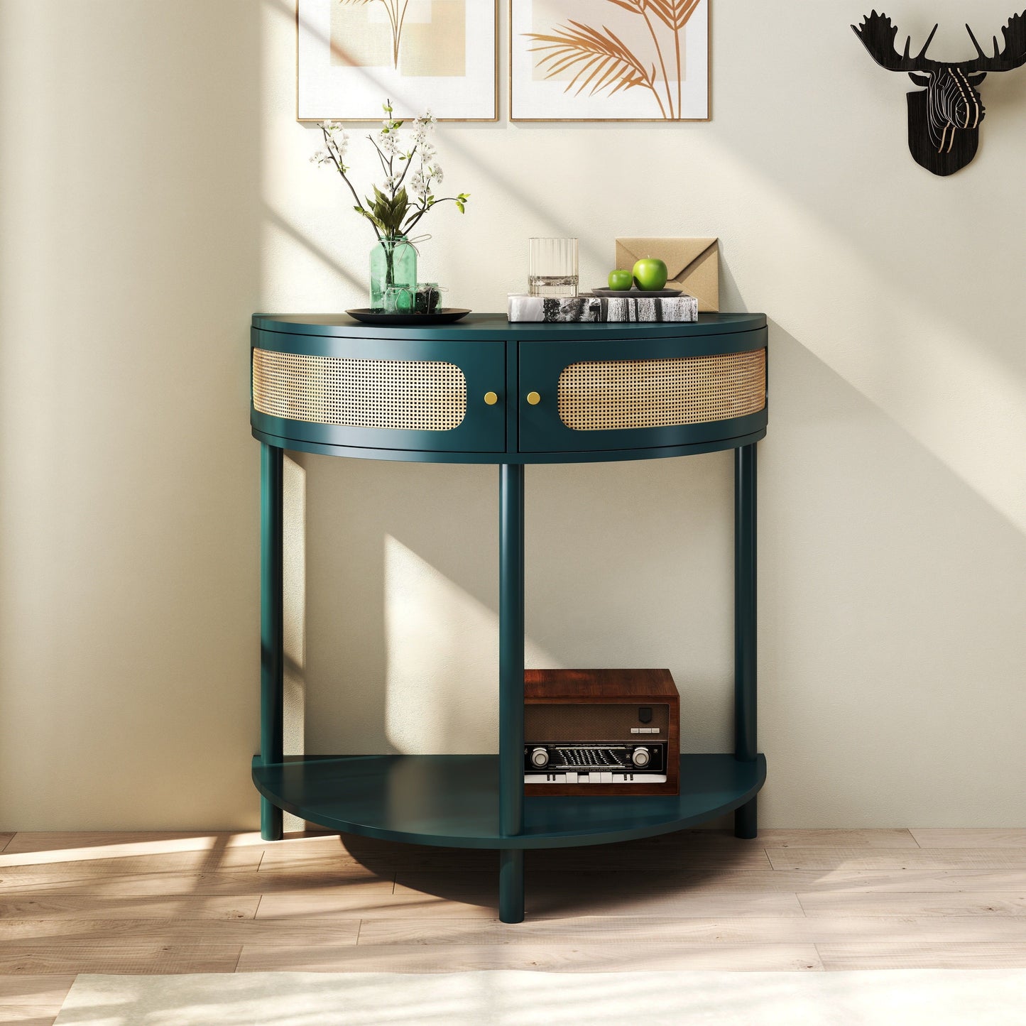 Boho Rattan Semi Circle End Table With Sliding Rattan Door, Elegant Entryway Console With Storage And Bottom Shelf - Antique Green