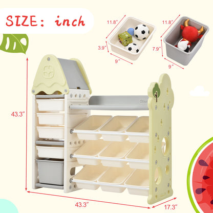 Kids Bookshelf Toy Storage Organizer With 17 Bins And 5 Bookshelves, Multi-Functional Nursery Organizer Kids Furniture Set Toy Storage Cabinet Unit With HDPE SheLF And Bins - Light Green