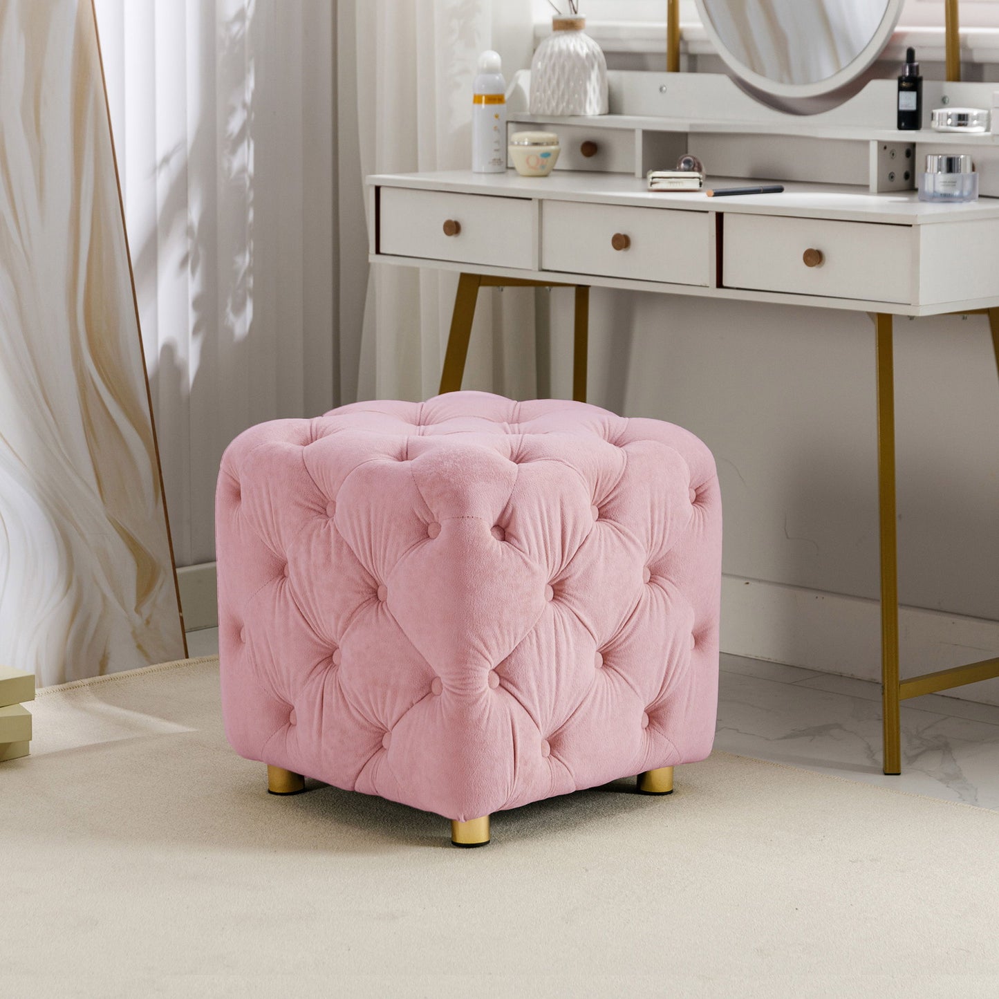 Modern Velvet Upholstered Ottoman, Exquisite Small End Table, Soft Foot Stool, Dressing Makeup Chair, Comfortable Seat For Living Room, Bedroom, Entrance - Pink