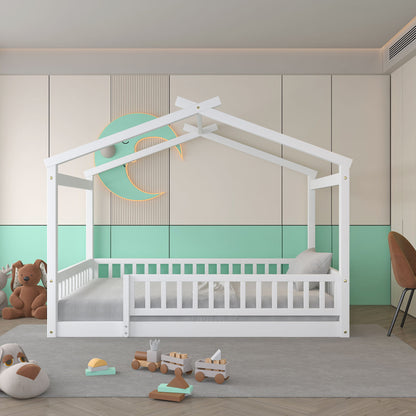 Full Size Bed House Bed Frame & Fence - White