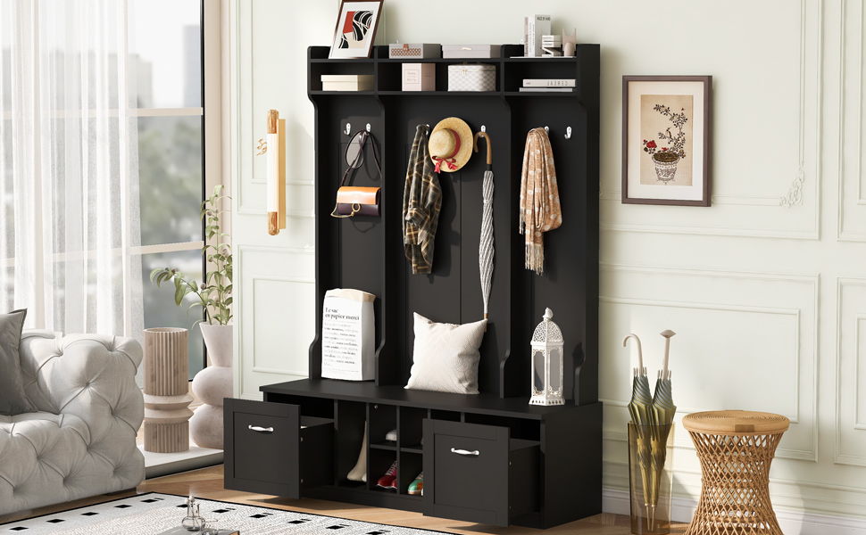 5 In 1 Entryway Bench With Coat Rack, 7 Sturdy Hooks, 2 Spacious Drawers And Adjustable Shelves, Wide Hall Tree With Metal Handles For Hallway - Black