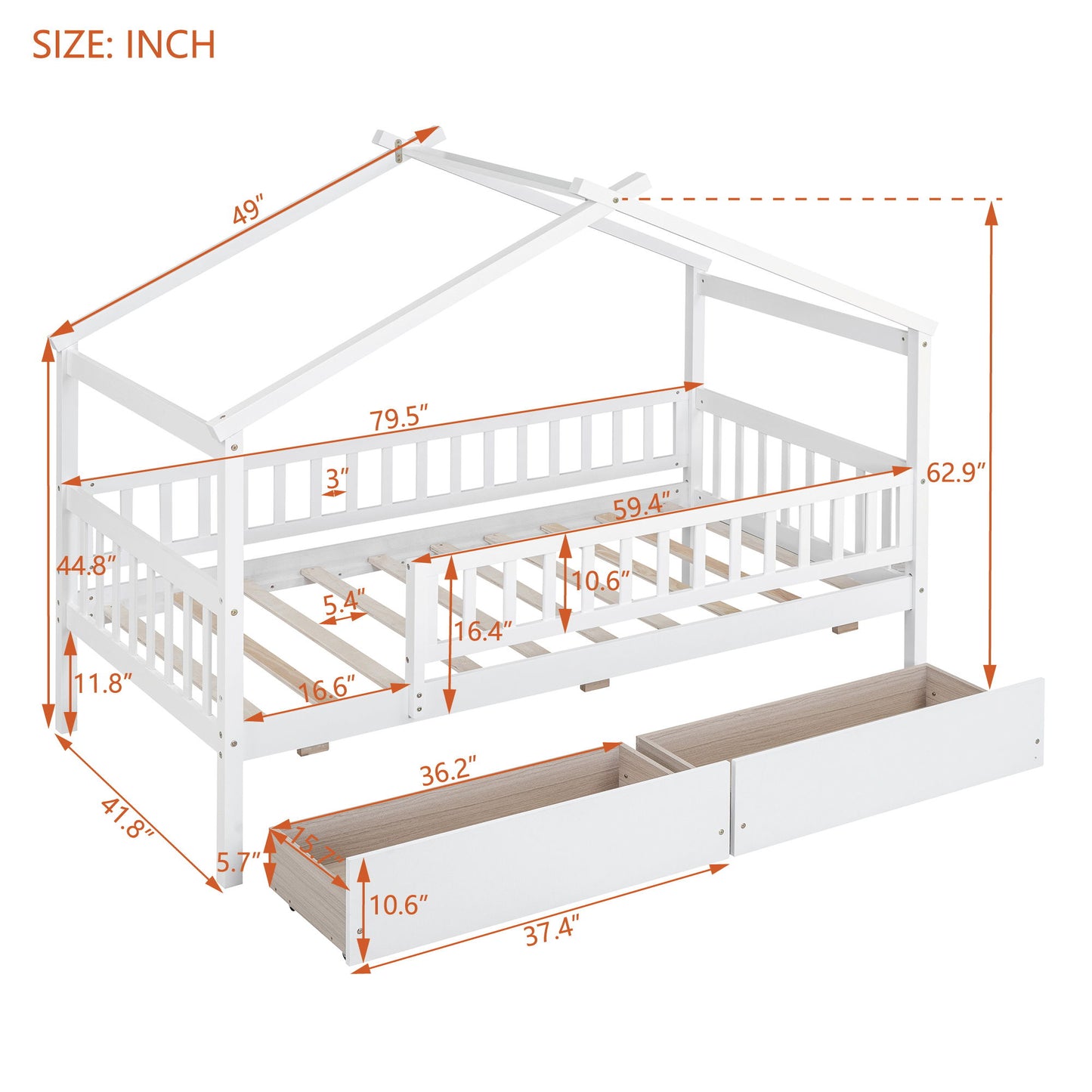 Twin Size House Bed With 2 Drawers - White
