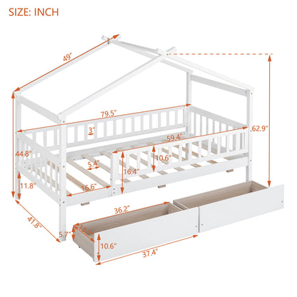 Twin Size House Bed With 2 Drawers - White