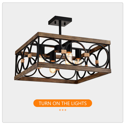 4 Light Square Kitchen Island Lights Ceiling Light Farmhouse Dining Room Light Fixture, Wood And Metal Rectangular Ceiling Light, Ceiling Lighting For Living Room, Conference Room, Home Office - Black