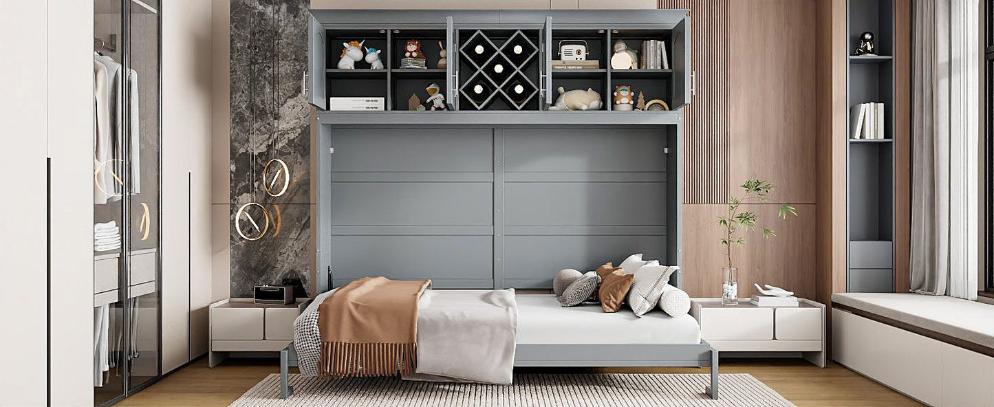 Queen Size Murphy Wall Bed With Top Cabinets & Wine Rack - Gray