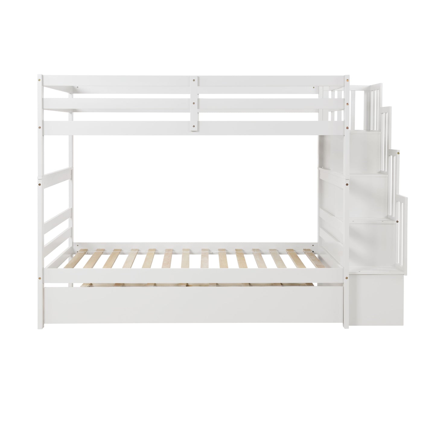 Twin Over Twin Bunk Beds With Twin Trundle And Stairway Storage Function - White