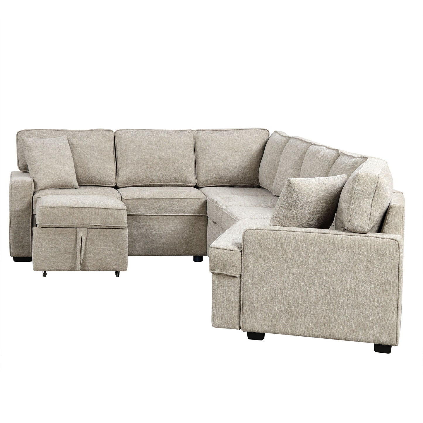 L-Shaped Sofa Sectional Sofa Couch Pull-Out Sofa Bed With Charging Devices And Cup Holders For Living Room - Beige