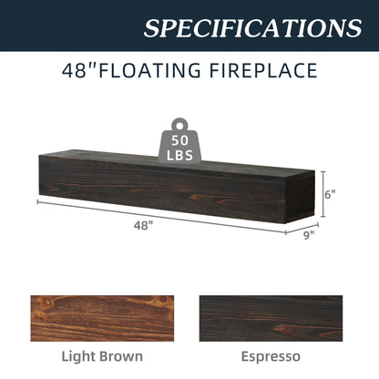 48" Rustic Wood Fireplace Mantel, Wall-Mounted & Floating Shelf For Home Decor - Espresso