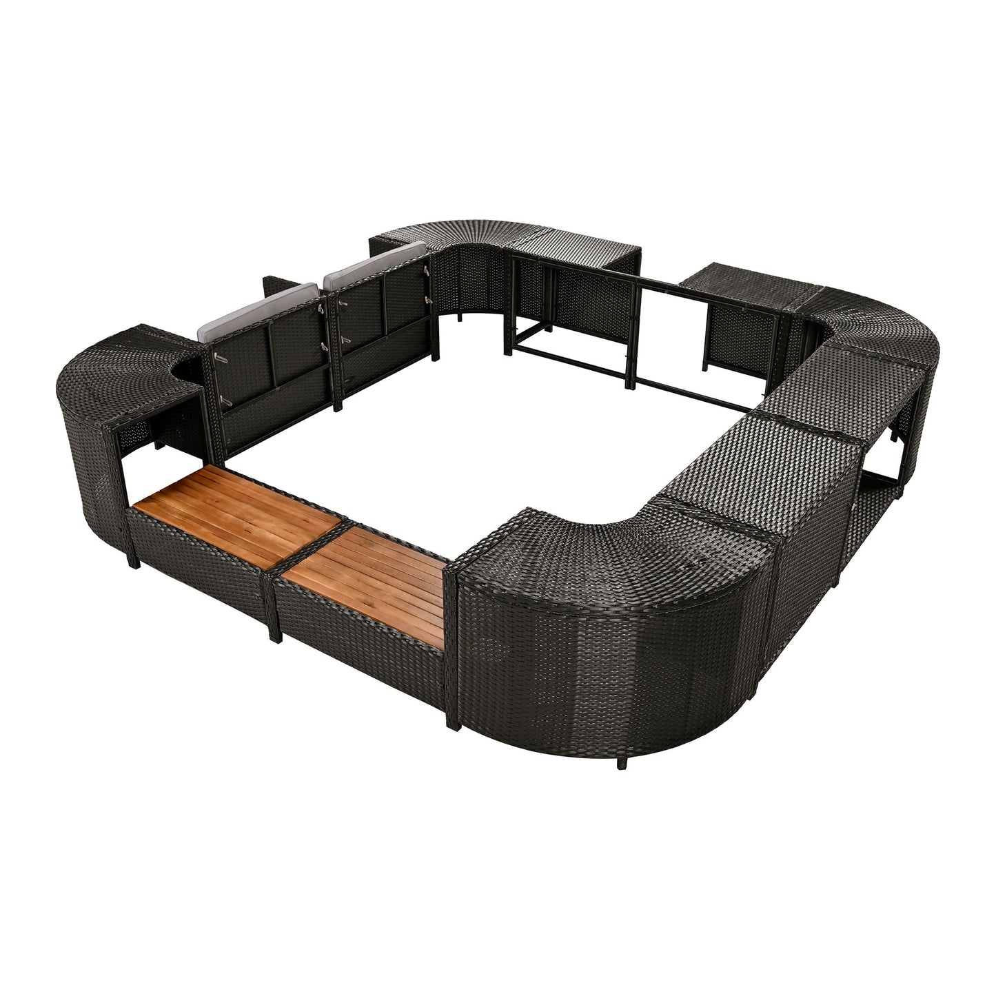 Spa Surround Spa Frame Quadrilateral Outdoor Rattan Sectional Sofa Set With Mini Sofa, Wooden Seats And Storage Spaces - Gray