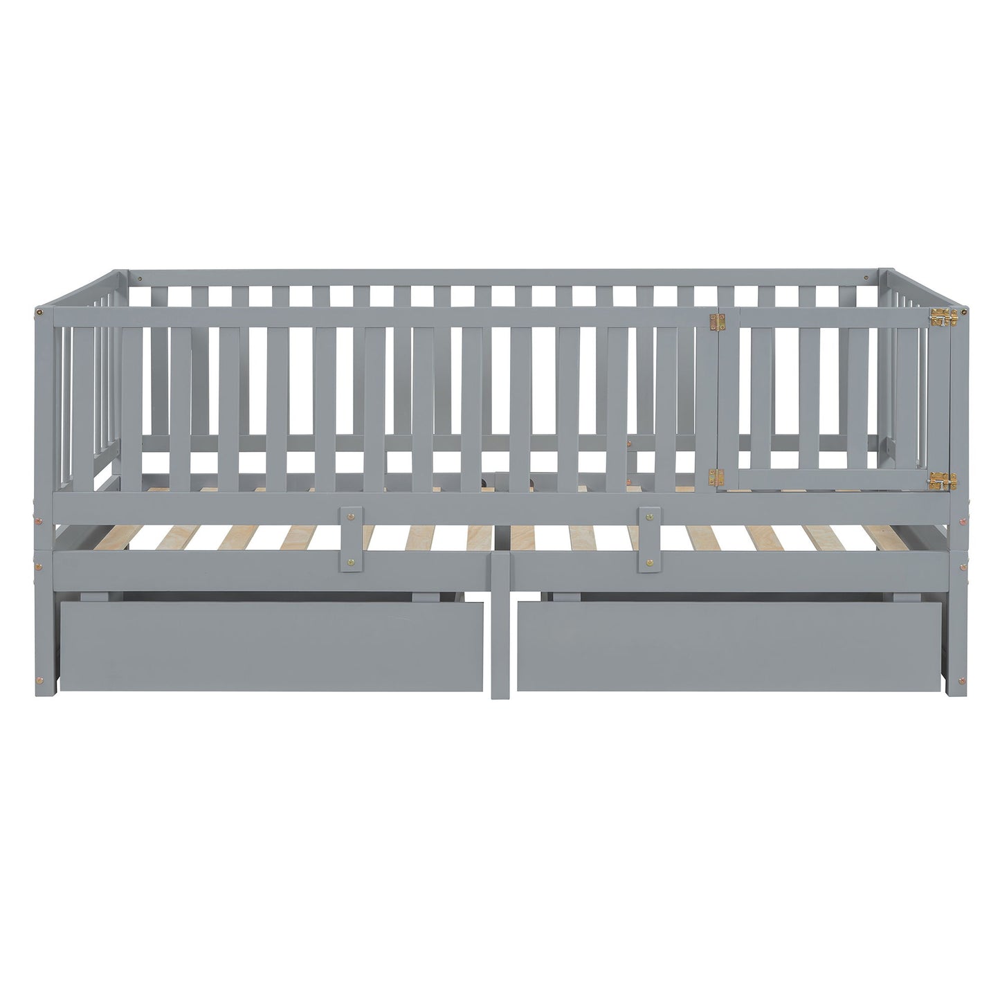 Twin Size Daybed With Fence Guardrails And 2 Drawers, Split Into Independent Floor Bed & Daybed - Gray