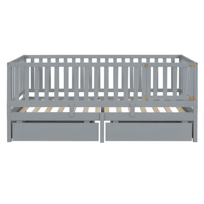 Twin Size Daybed With Fence Guardrails And 2 Drawers, Split Into Independent Floor Bed & Daybed - Gray