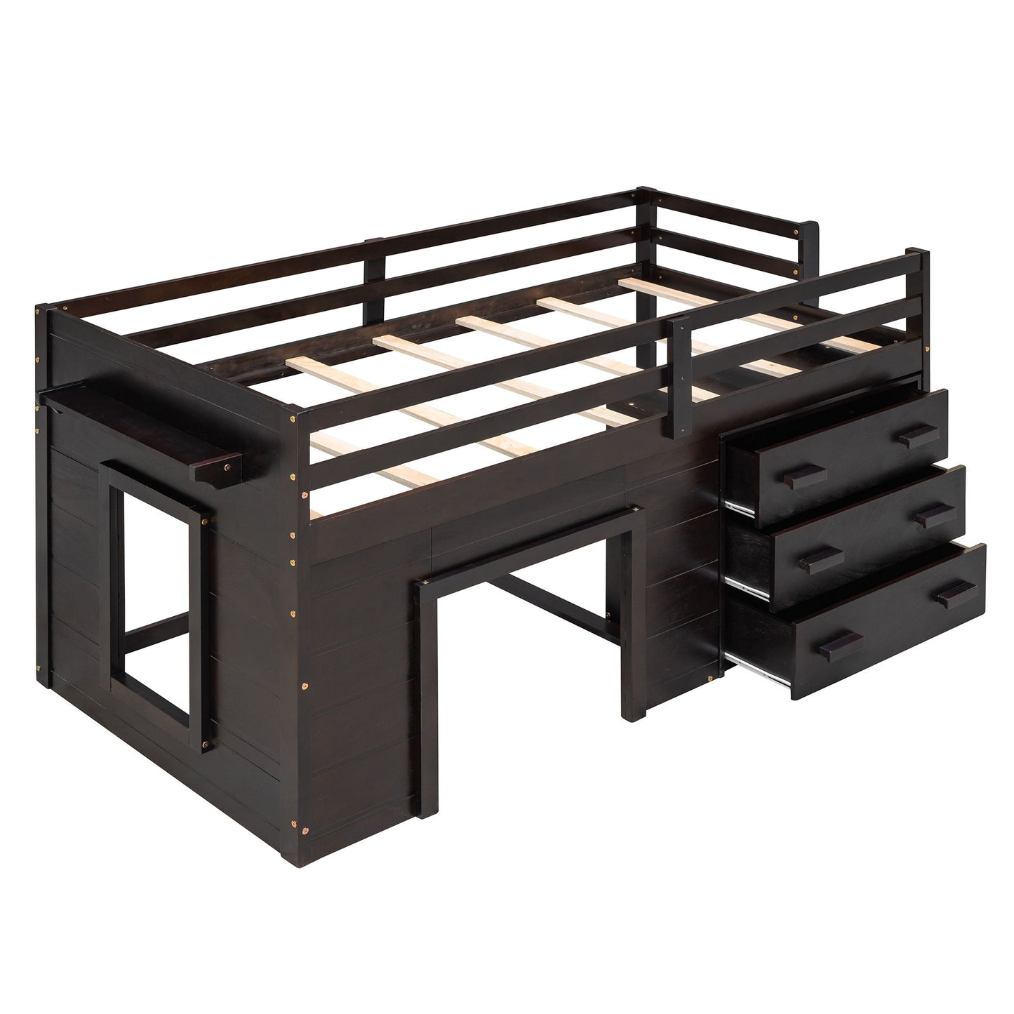 Twin Size Loft Bed With Cabinet And Shelf - Espresso