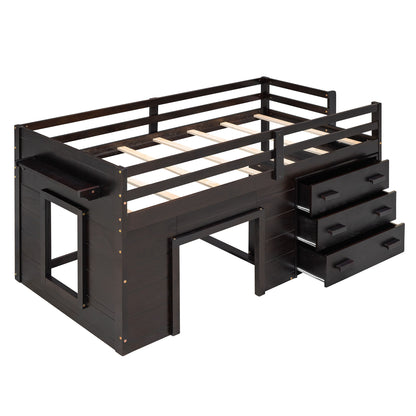 Twin Size Loft Bed With Cabinet And Shelf - Espresso