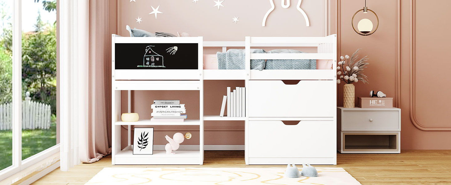 Twin Size Low Loft Bed With Rolling Desk, Shelf And Drawers - White