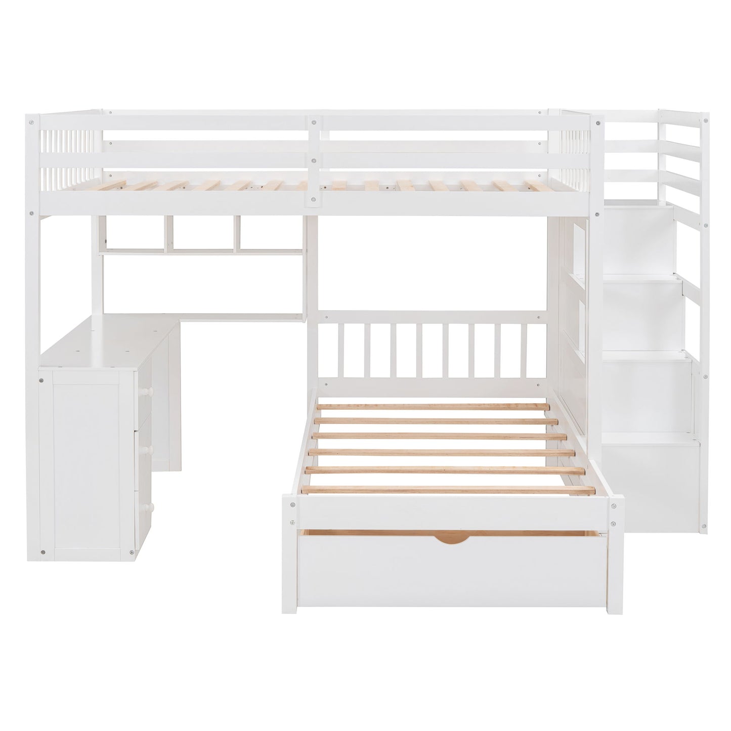 Full Over Twin Bunk Bed With Desk, Drawers And Shelves - White