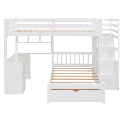 Full Over Twin Bunk Bed With Desk, Drawers And Shelves - White