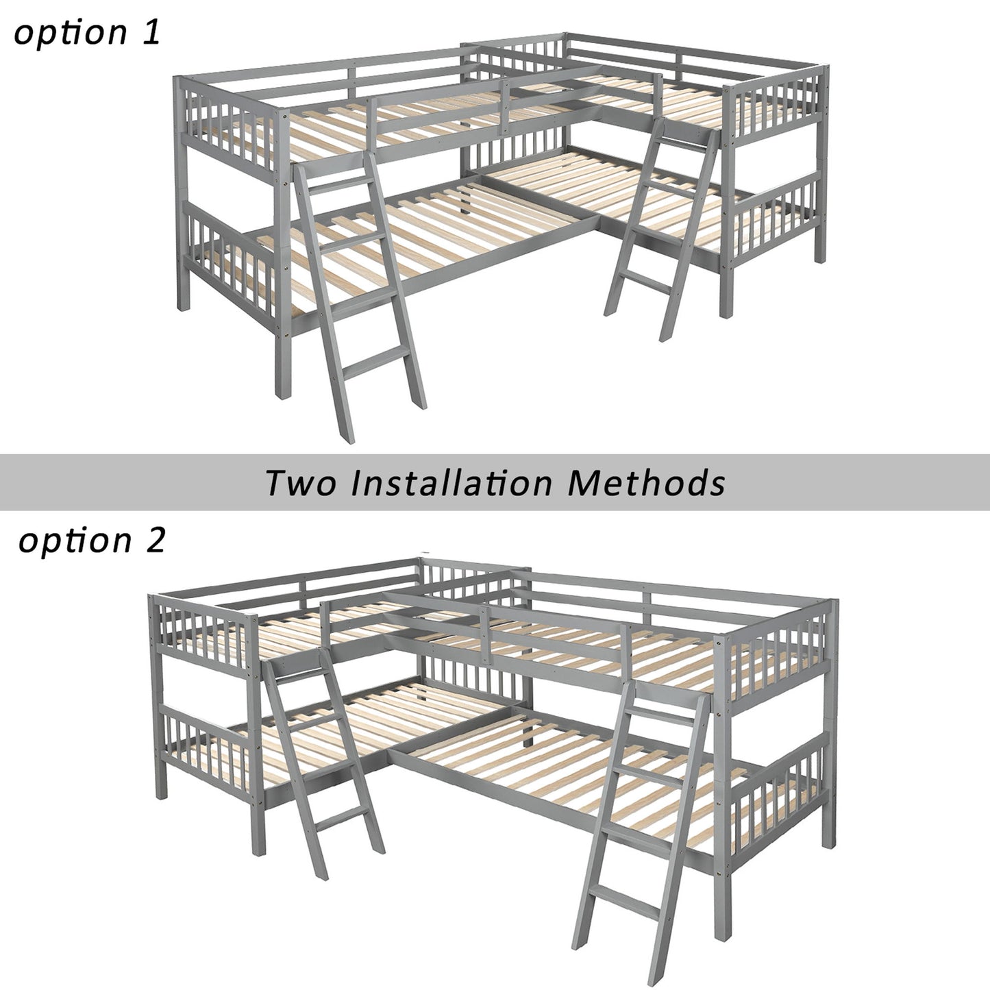 Twin Size L Shaped Bunk Bed With Ladder - Gray