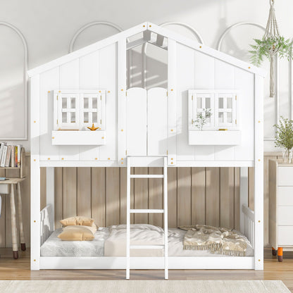 Twin Over Twin House Bunk Bed With Roof, Window, Window Box, Door, With Safety Guardrails And Ladder - White