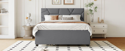 Full Size Upholstered Platform Bed With Brick Pattern Headboard, With Twin Size Trundle And 2 Drawers - Gray
