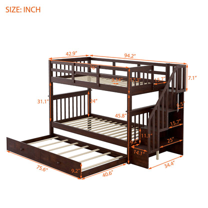 Twin Over Twin Stairway Bunk Bed With Twin Size Trundle For Bedroom - Espresso