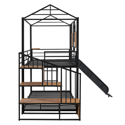 Twin Over Twin Bunk Bed, Housebed With Slide And Storage Stair - Black