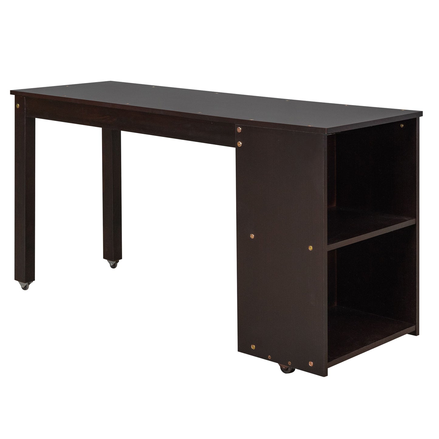 Full Loft Low Study Bed With Cabinet, Shelves And Rolling Portable Desk, Multiple Functions - Espresso