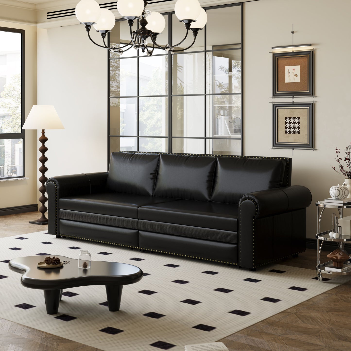 Pull Out Sofa Bed, 3 In 1 Faux Leather Convertible Sleeper Sofa With Nailhead Trim & Rolled Arm Multifunctional Sofa Bed For Living Room - Black
