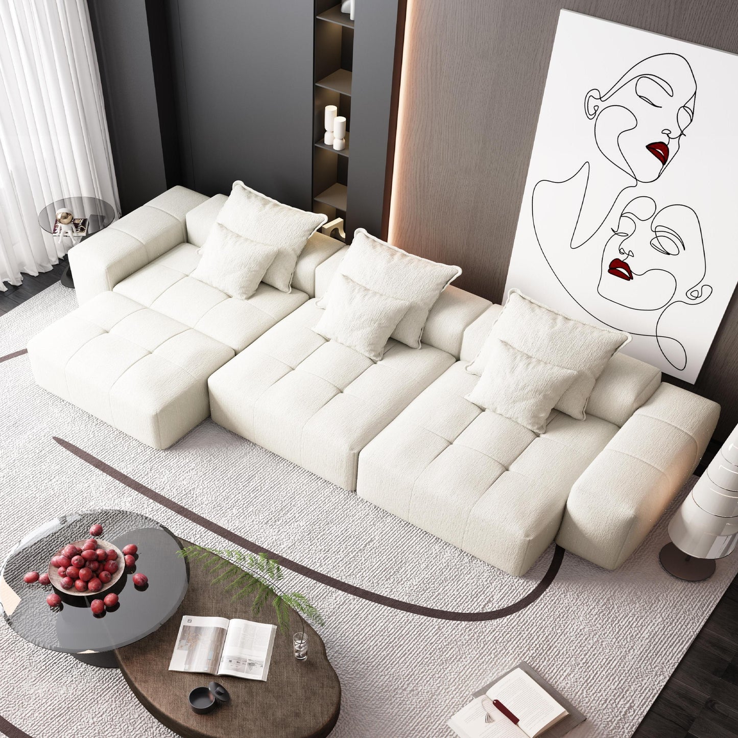 Modern Oversized Modular Sectional Sofa, Sparkling Fabric Soft Cushion Sofa With 6 Pillows, 6 Pieces Diy Combination Tufted Sofa, No Assembly Required - Beige
