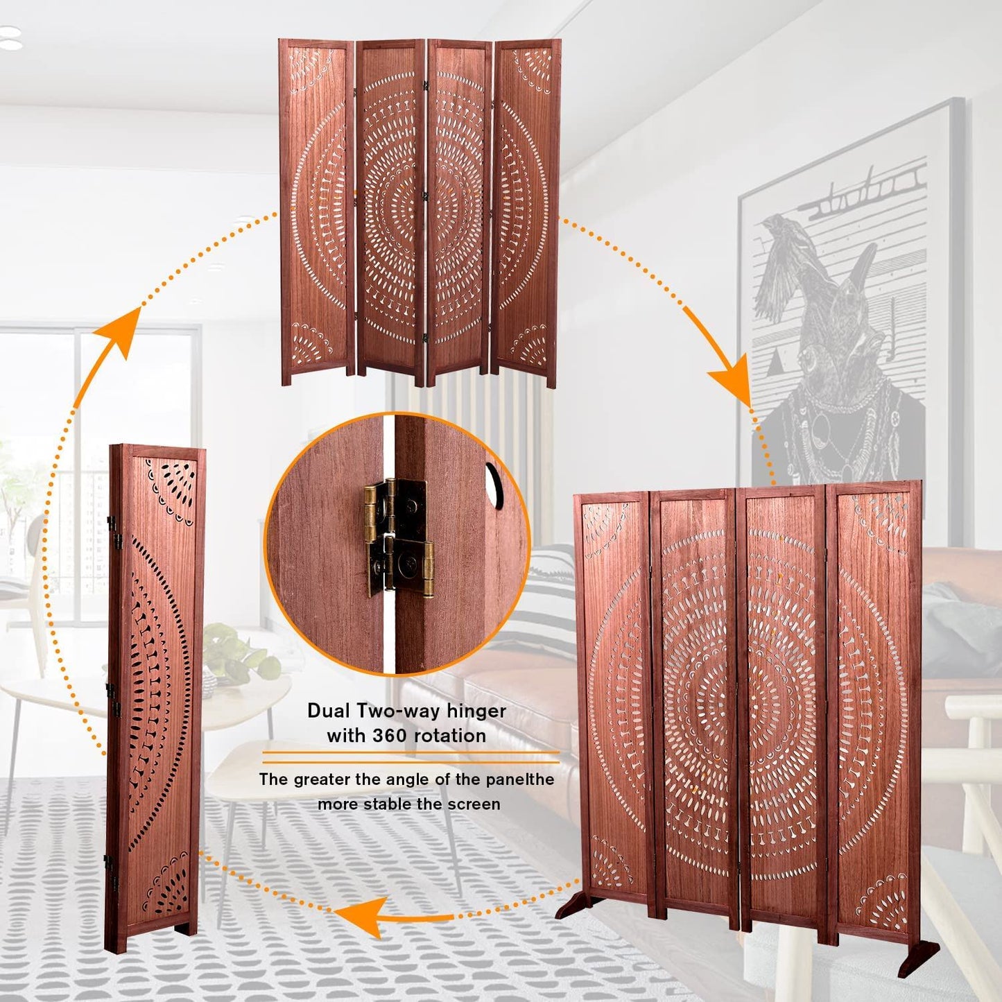 Panel Solid Wood Folding Room Divider - Brown