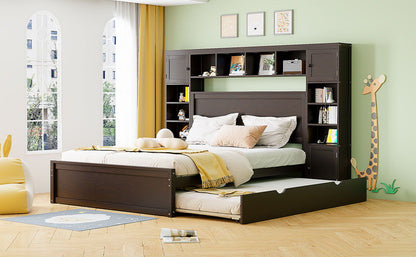 Queen Size Bed With All In One Cabinet, Shelf And Sockets, Twin Long Trundle - Espresso