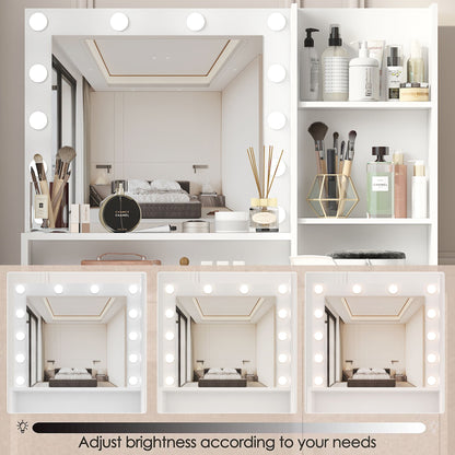 Vanity Desk With Mirror & Light, Large Drawer Three Level Storage Dresser, 3 Lighting Modes Adjustable Brightness, Bedroom Dressing Table - White