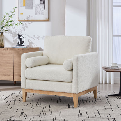 Wide Modern Farmhouse Performance Accent Chair With Natural Wood Legs, Wood Base Reading Armchair Single Sofa With 2 Bolster Pillows For Living Room Offices And Lounge - Ivory