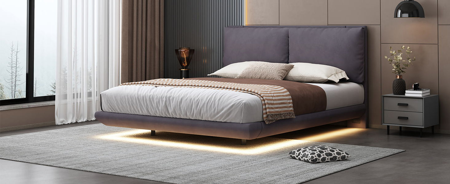 Queen Size Upholstered Platform Bed With Sensor Light And 2 Large Backrests, Stylish Platform Bed With 2 Sets Of USB Port And Socket On Each Rear Bed Leg - Gray