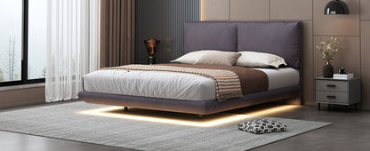Queen Size Upholstered Platform Bed With Sensor Light And 2 Large Backrests, Stylish Platform Bed With 2 Sets Of USB Port And Socket On Each Rear Bed Leg - Gray