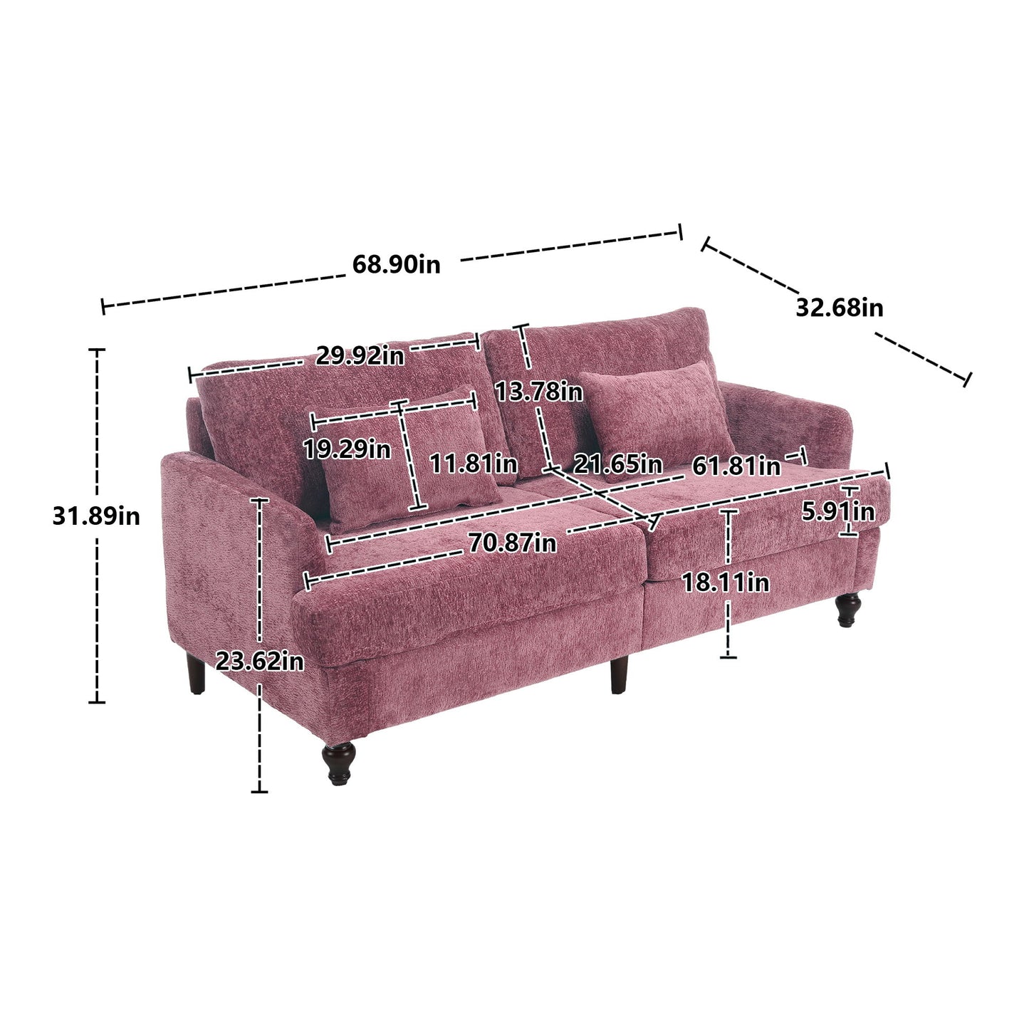 Mid Century Modern Chenille Fabric Loveseat Sofa, 2 Seat Upholstered Couch With Wood Feet - Wine Red