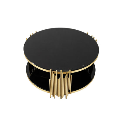 Double Layer Tempered Glass Top Stainless Steel Round Coffee Table For Living Room - Gold / Black