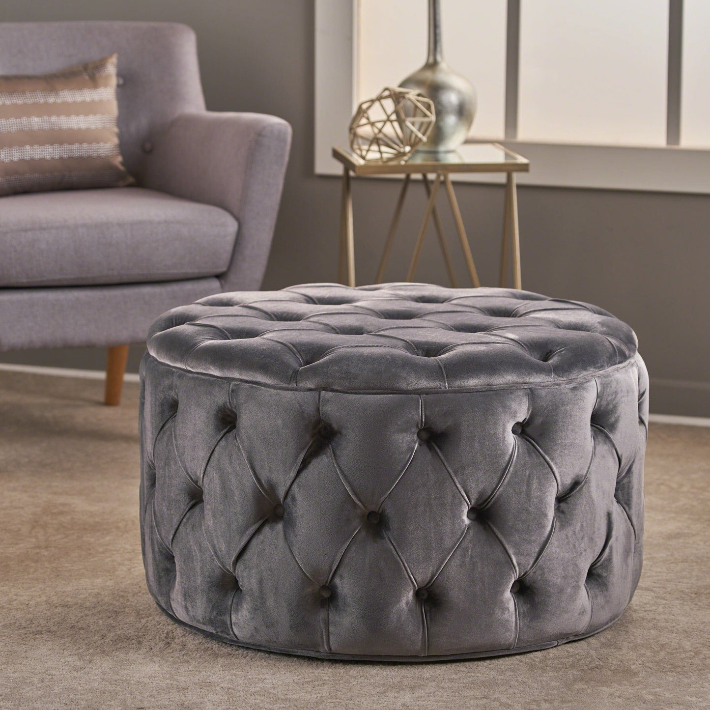 Modern Velvet Ottoman Footstool With Plush Cushioning - Gray