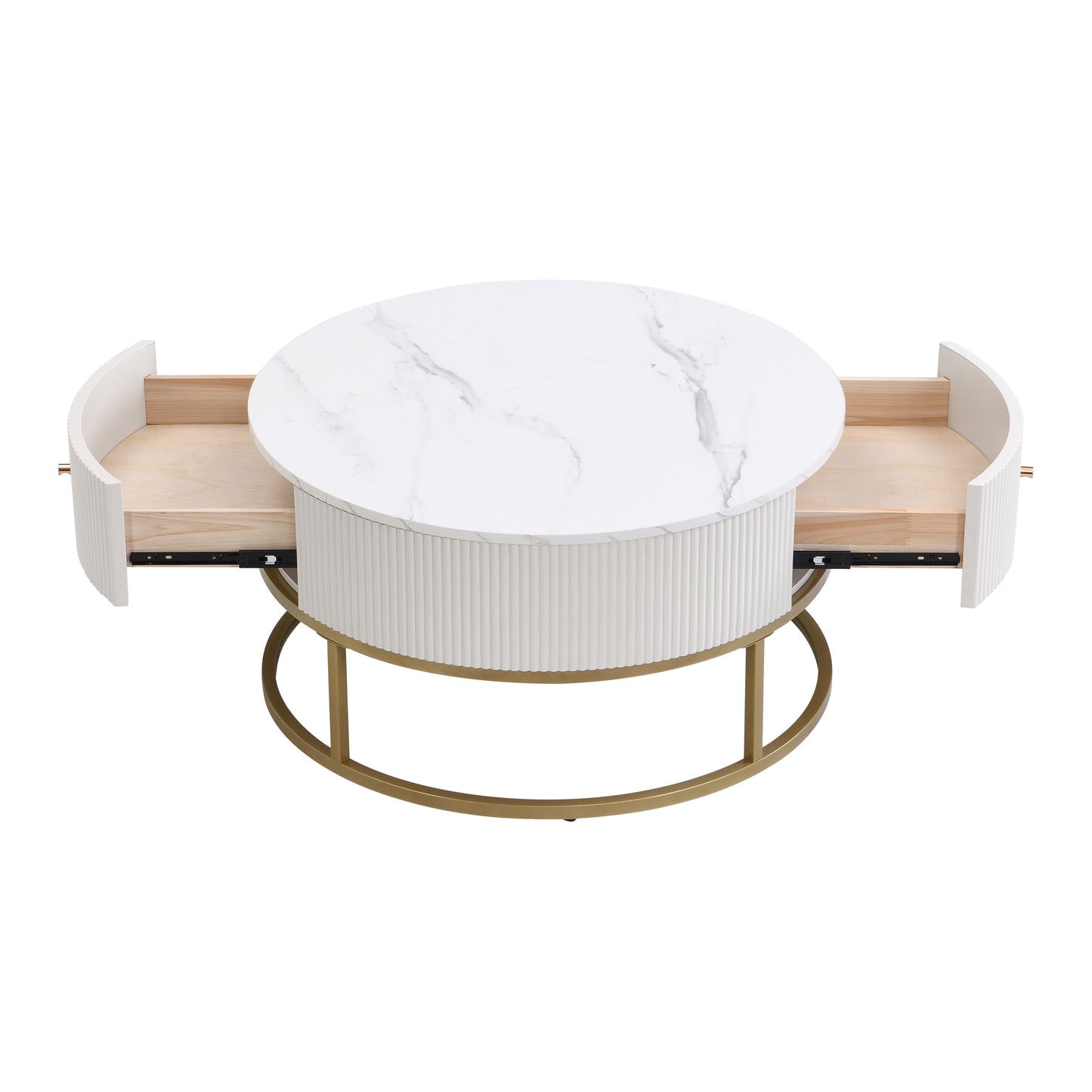 Modern Round Coffee Table With Drawers, Faux Marble, Metal Frame - Off White