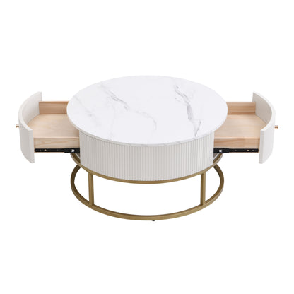 Modern Round Coffee Table With Drawers, Faux Marble, Metal Frame - Off White