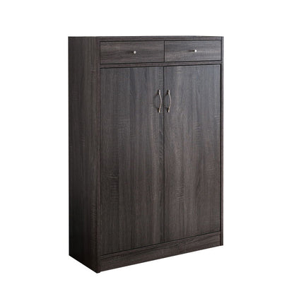 Shoe Cabinet, Two Door Storage Cabinet With Two Drawers, Fits 15 Pair Of Shoes - Distressed Gray