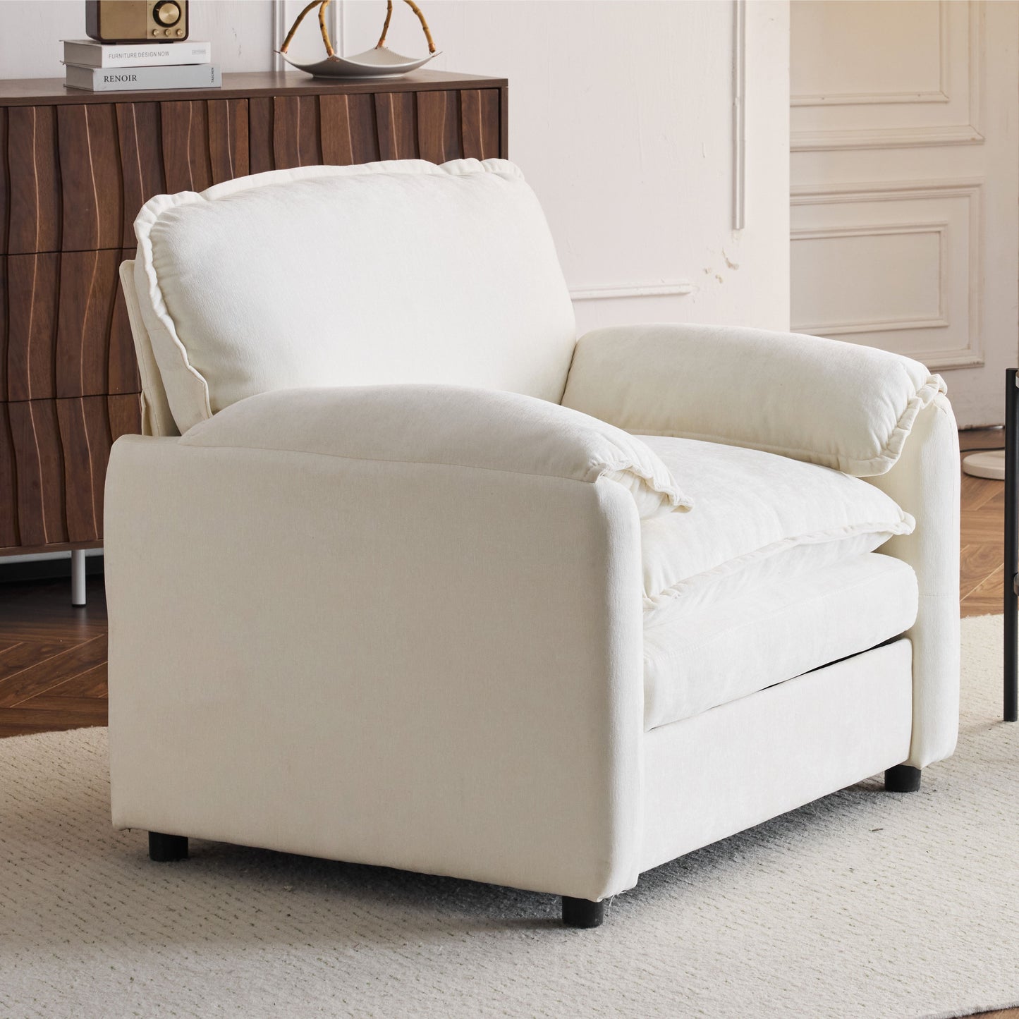 Oversized Reading Armchair With Thick Cushions, High Back Support - White