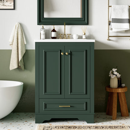 Bathroom Vanity With Ceramic Sink Combo, Modern Freestanding Storage Cabinet With Silver Handles, Soft Closing Doors - Green