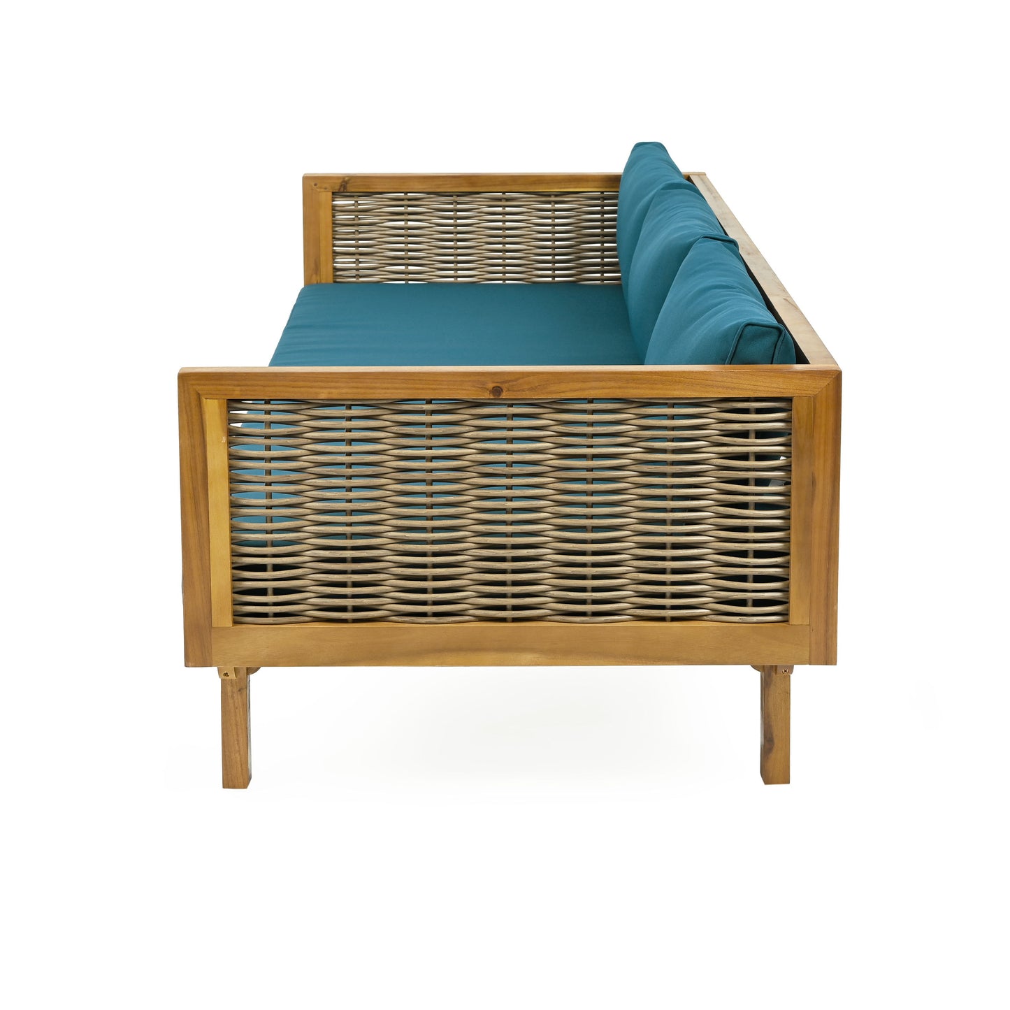Claremont - 3 Seater Daybed With Rattan Arms And Cushions, Acacia Wood Frame - Teak / Teal
