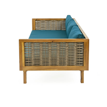 Claremont - 3 Seater Daybed With Rattan Arms And Cushions, Acacia Wood Frame - Teak / Teal