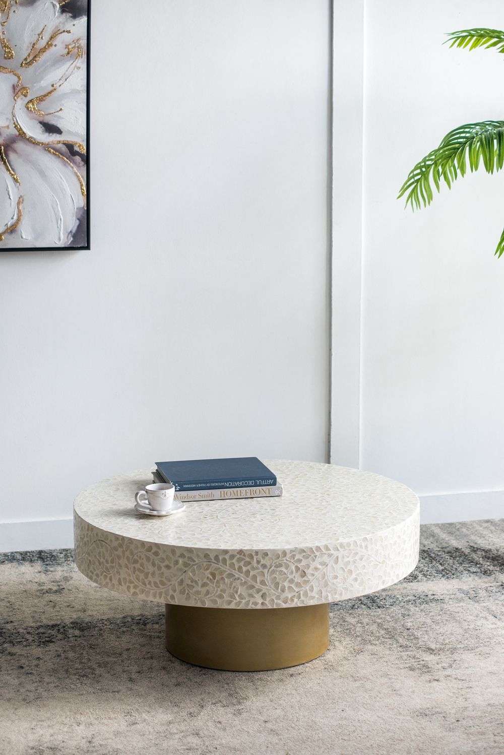 Unique Capiz Coffee Table With Pedestal Base - Multi